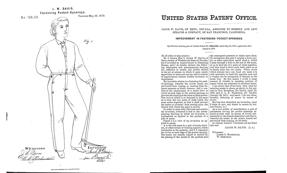 Le brevet #139.121 déposé par Davis et Strauss et accordé le 20 mai 1873