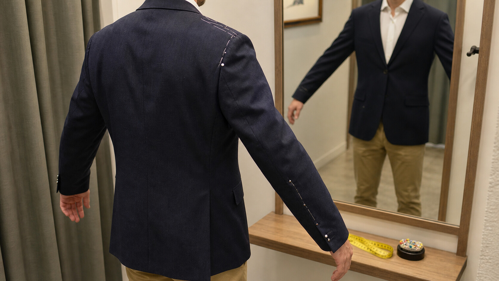 Essayage d'une veste en cabine avec contrôle des épaules et des manches