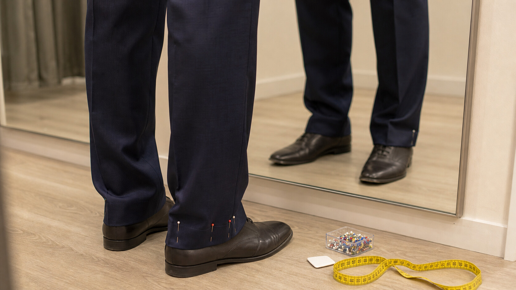 Ourlet de pantalon épinglé devant un miroir de boutique
