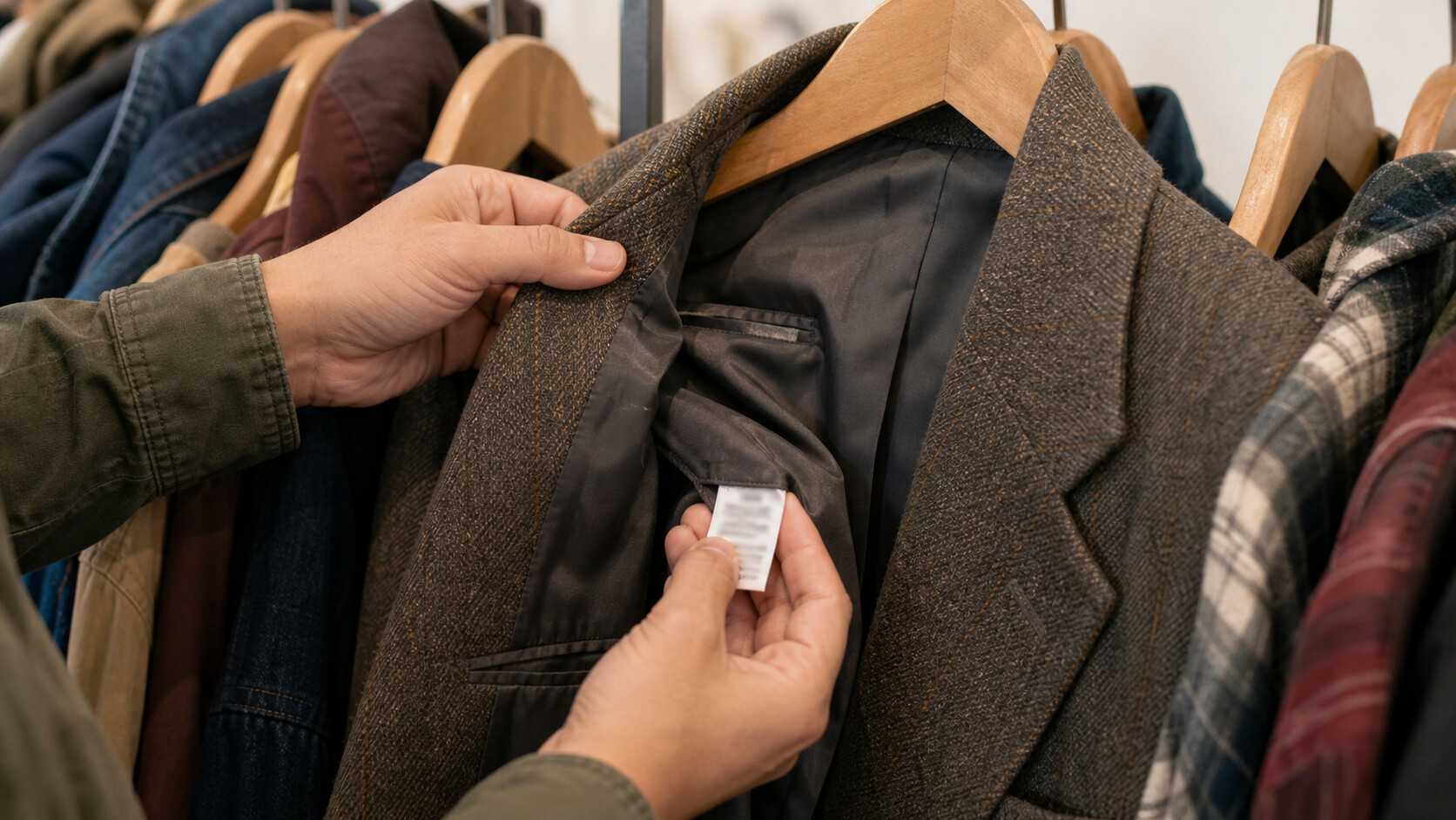 Veste d'occasion inspectée sur un portant avec couture, doublure et étiquette visibles